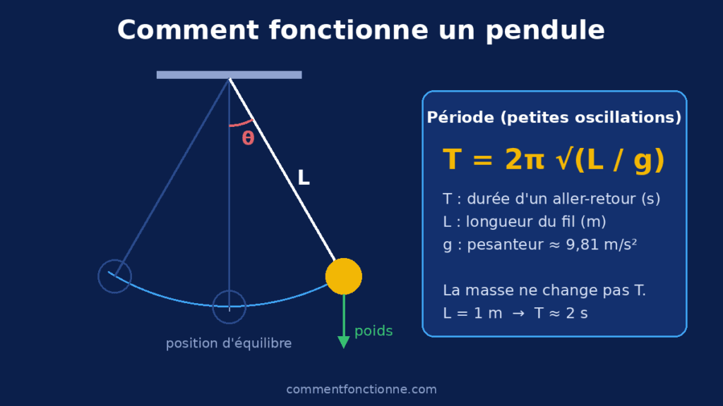 Schéma d’un pendule simple : longueur L, angle θ, poids et formule de la période T = 2π√(L/g)