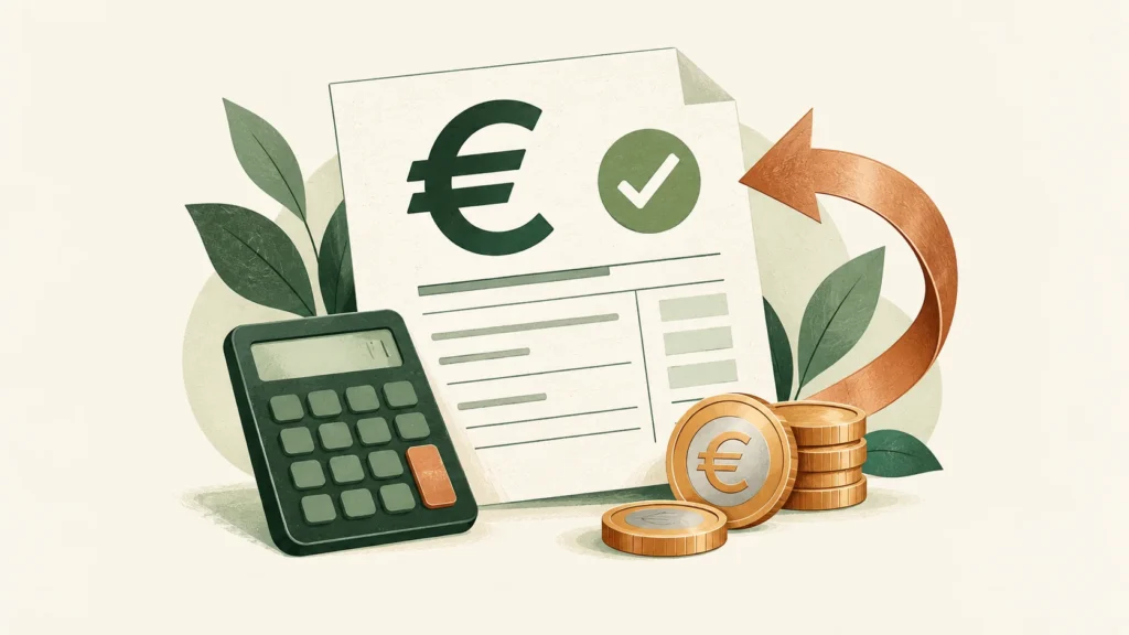 Illustration du crédit d’impôt : document fiscal, calculatrice, pièces en euros et flèche de restitution.