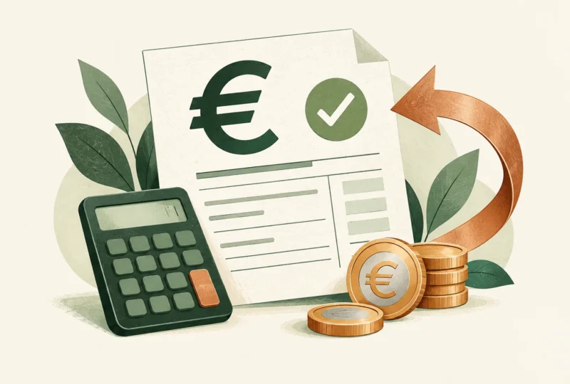 Illustration du crédit d’impôt : document fiscal, calculatrice, pièces en euros et flèche de restitution.