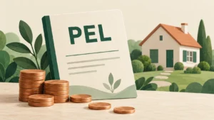 Document portant la mention PEL, accompagné de pièces d’épargne et d’une petite maison en arrière-plan.