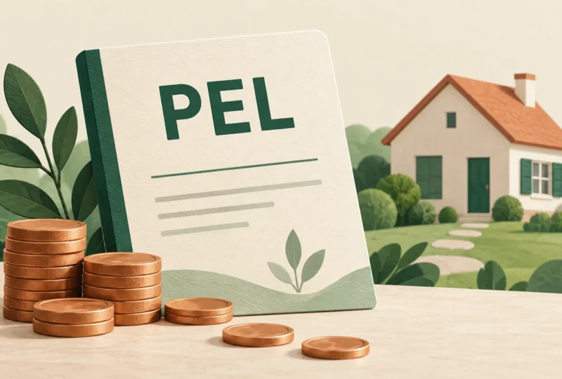 Document portant la mention PEL, accompagné de pièces d’épargne et d’une petite maison en arrière-plan.