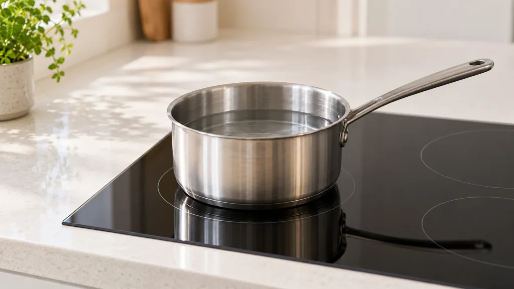 Casserole en inox contenant de l’eau, posée sur une plaque à induction noire dans une cuisine claire.