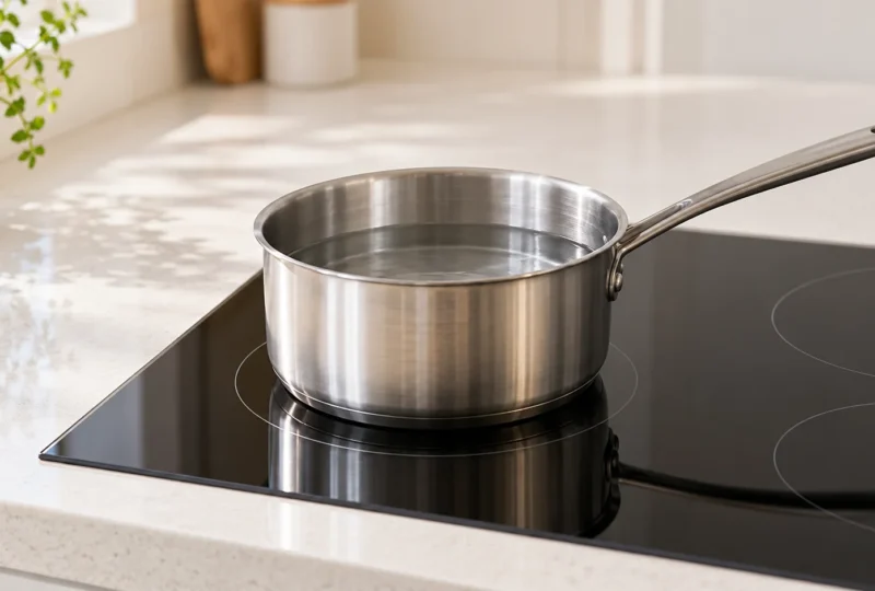 Casserole en inox contenant de l’eau, posée sur une plaque à induction noire dans une cuisine claire.