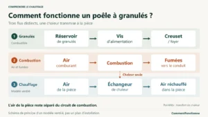 Trois flux d’un poêle à granulés ventilé : granulés du réservoir au foyer ; air comburant puis fumées vers le conduit ; air de la pièce réchauffé dans un échangeur séparé.