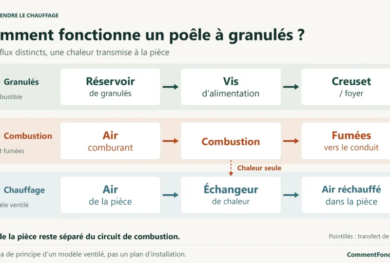Trois flux d’un poêle à granulés ventilé : granulés du réservoir au foyer ; air comburant puis fumées vers le conduit ; air de la pièce réchauffé dans un échangeur séparé.