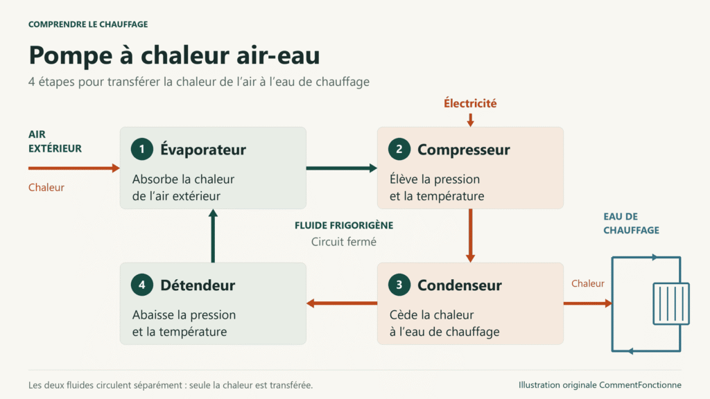 Cycle d’une pompe à chaleur air-eau : évaporateur, compresseur, condenseur et détendeur ; transfert de chaleur vers un circuit d’eau séparé.