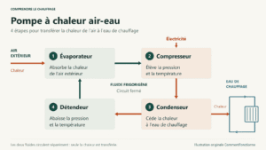 Cycle d’une pompe à chaleur air-eau : évaporateur, compresseur, condenseur et détendeur ; transfert de chaleur vers un circuit d’eau séparé.