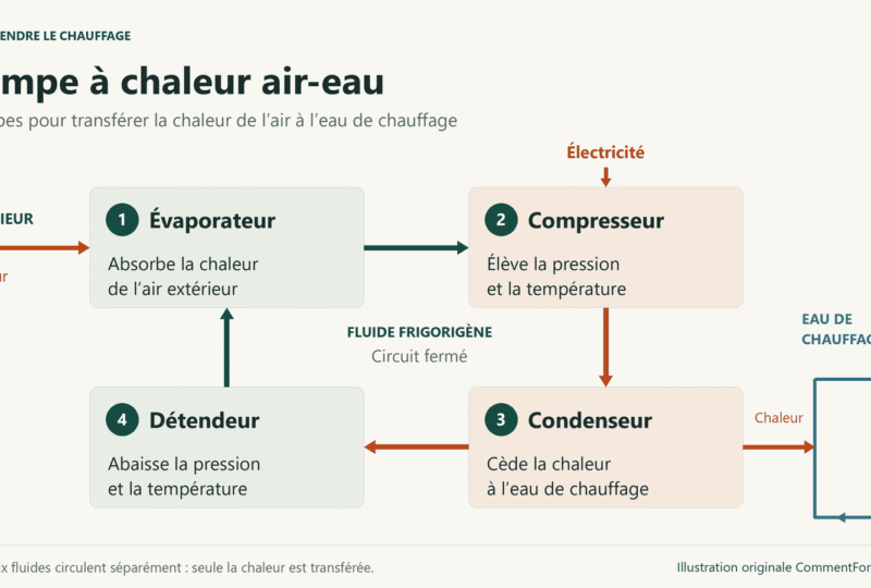 Cycle d’une pompe à chaleur air-eau : évaporateur, compresseur, condenseur et détendeur ; transfert de chaleur vers un circuit d’eau séparé.