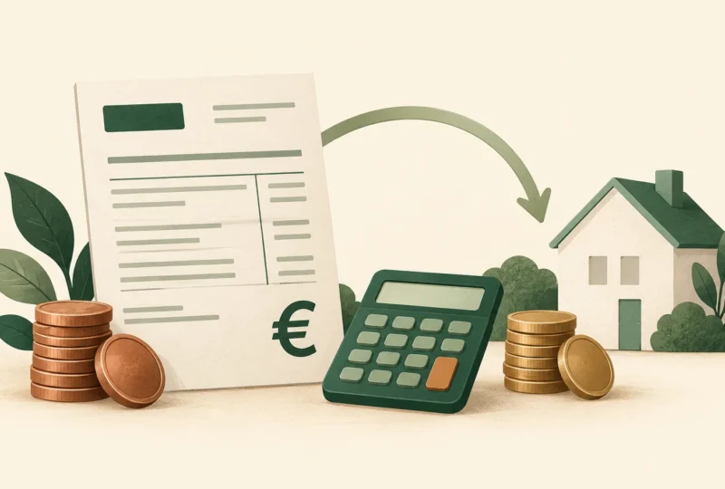 Illustration d’un bulletin de salaire, d’une calculatrice, de pièces et d’une maison pour évoquer le revenu d’un foyer.